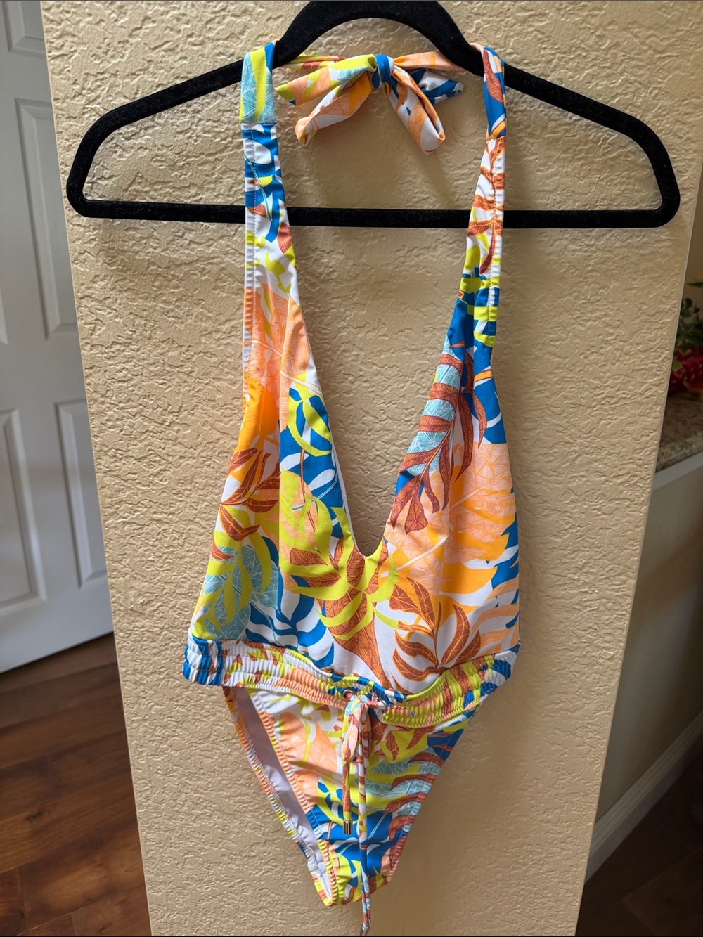 VENUS Tropical Leaf Halter One-Piece Swimsuit - Blue, Orange, Yellow, Pink